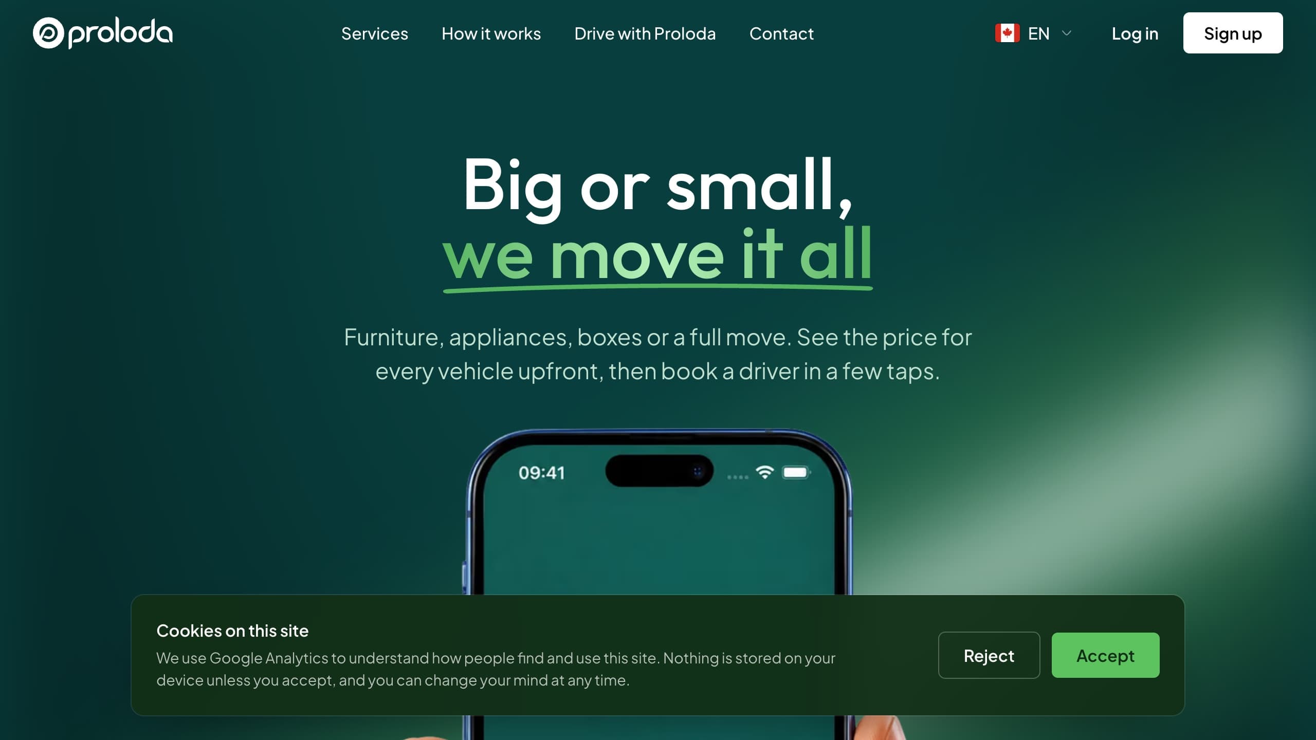 The Proloda homepage, with the headline “Big or small, we move it all” above a hand holding a phone on a deep green background